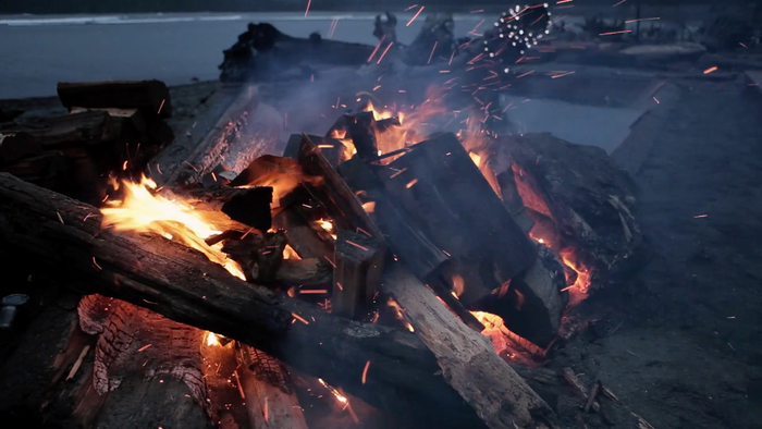 Close up on a raging campfire at dusk with a beach and ocean in the background. video production videography videographer victoria bc